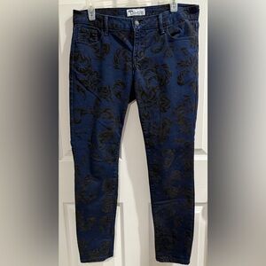 Old Navy Blue and Black Rock Star Floral Velvet Burnout Patterned Jeans